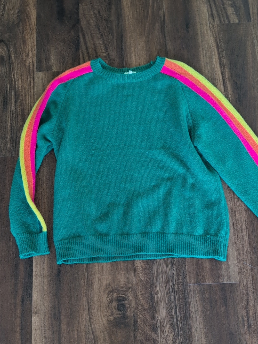 JODIFL Green Crewneck Sweater with Neon Pink and Neon Yellow Sleeve Stripes
